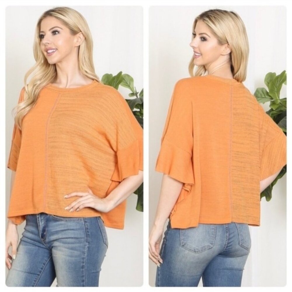 Womens Loose Fit Orange Ruffle Sleeve Knit Top Fabric Contrast Pumpkin Top-New